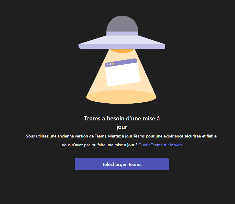 écran Microsoft Teams bloqué sur la mise à jour avec le bouton Télécharger Teams