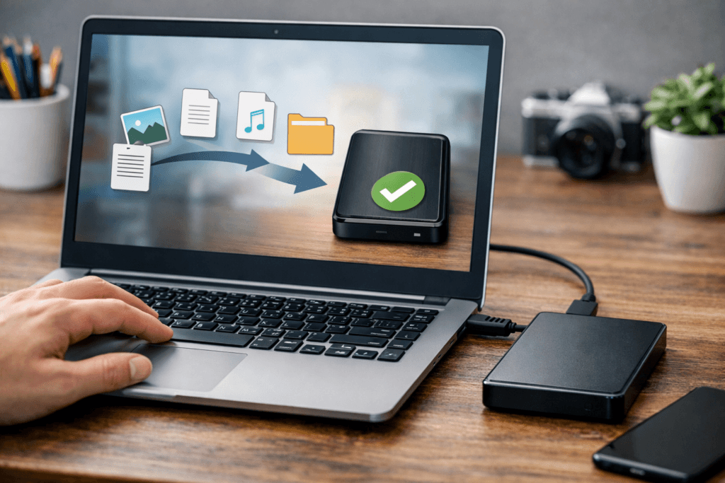 Sauvegarde de données depuis un ordinateur vers un disque externe avant un changement de PC.