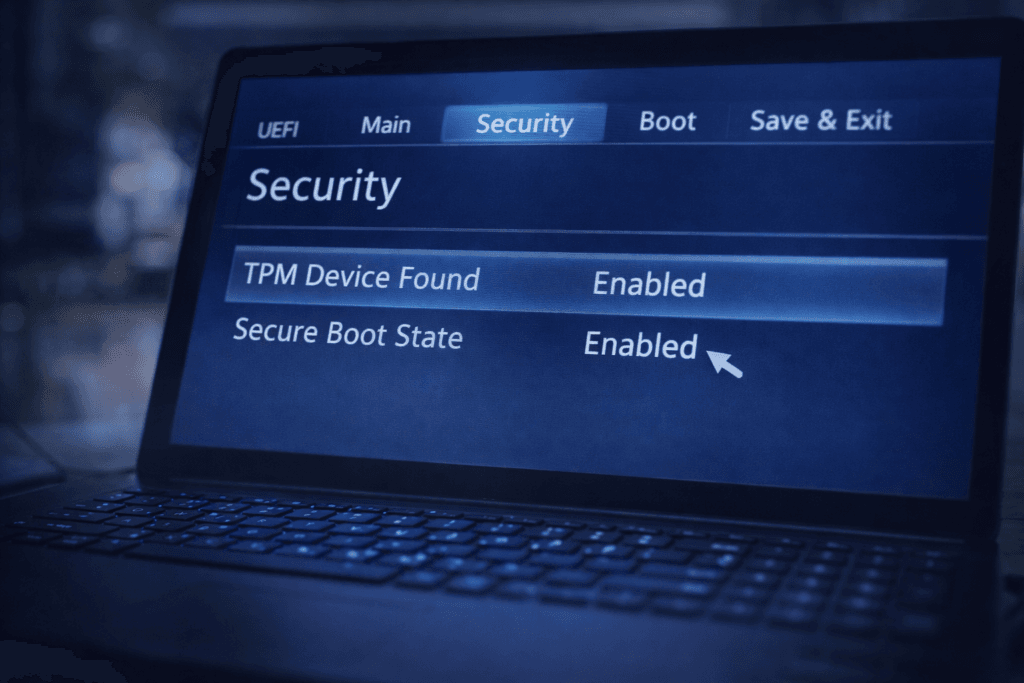 Écran BIOS UEFI affichant TPM 2.0 et Secure Boot activés sur un ordinateur portable.