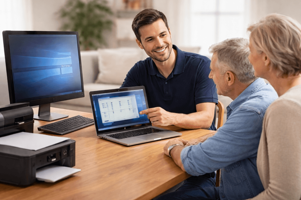 Un technicien présente un ordinateur portable à un couple