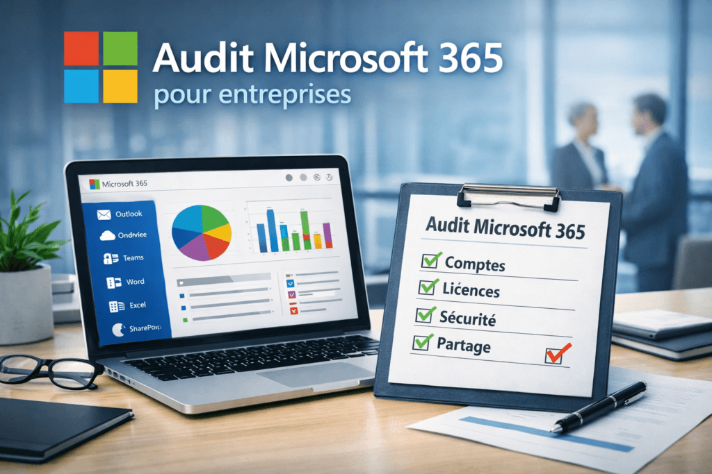 Audit Microsoft 365 pour entreprises sur un poste de travail avec tableau de bord, contrôle des comptes, des licences, de la sécurité et du partage.