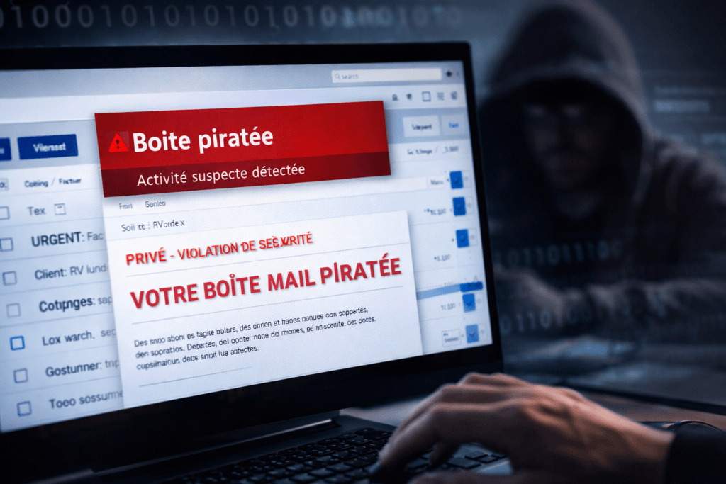 Ordinateur affichant une messagerie professionnelle compromise sur un poste de travail