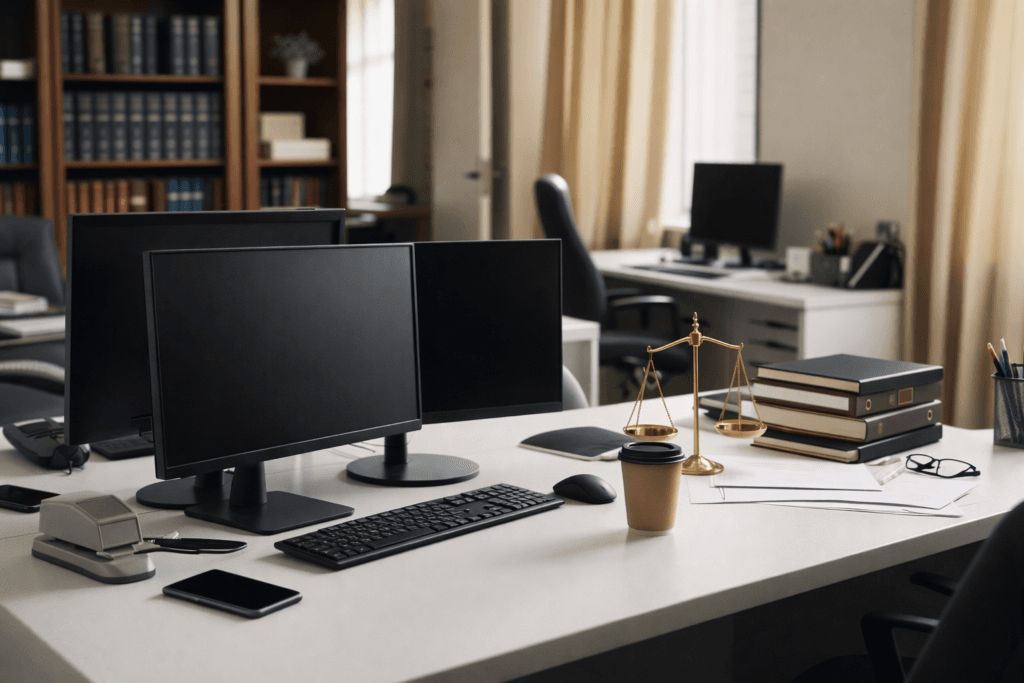 Postes de travail informatiques dans un cabinet d’avocat avec écrans, dossiers et environnement de bureau