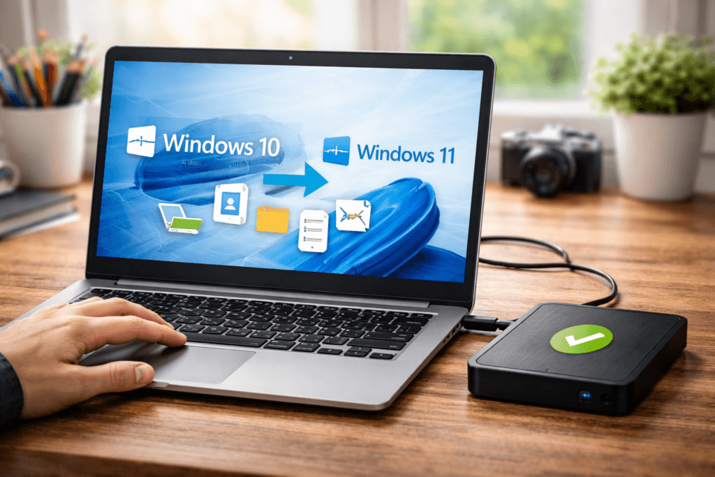 Migration d’un ordinateur de Windows 10 vers Windows 11 avec sauvegarde préalable des données.