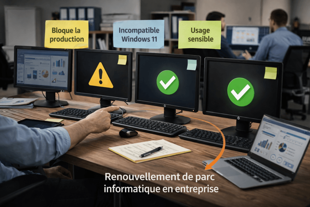 Analyse d’un renouvellement de parc informatique avec plusieurs ordinateurs en environnement professionnel.
