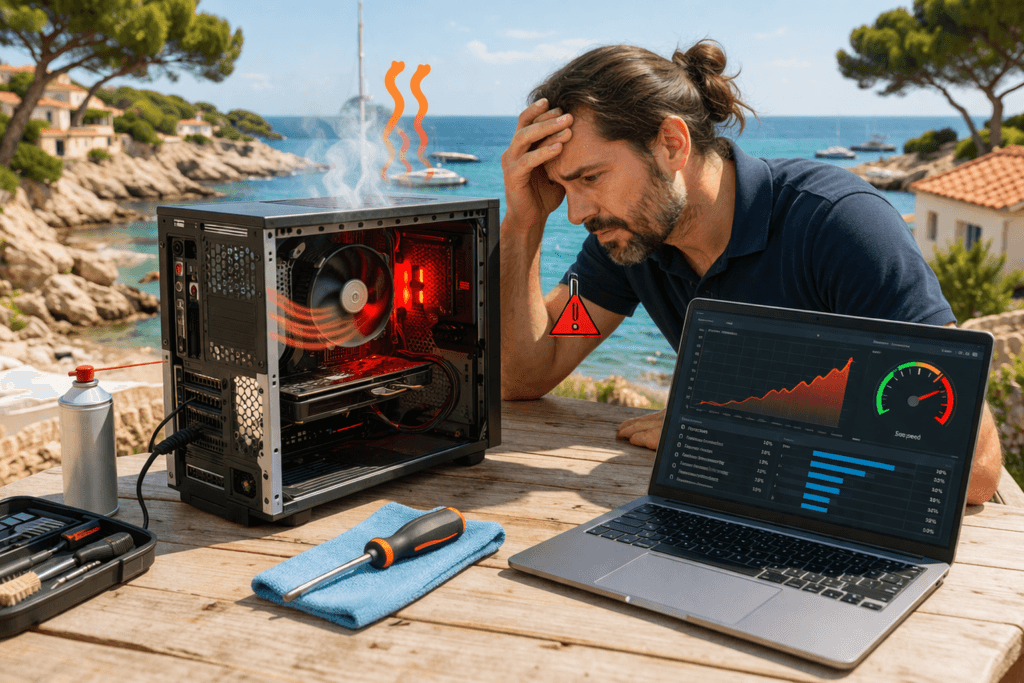 L'homme inspecte un ordinateur surchauffé