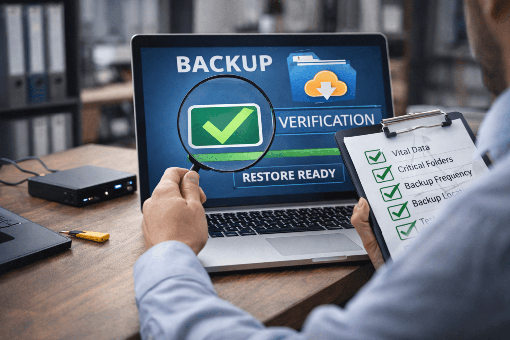 Vérification d’une sauvegarde d’entreprise sur un poste de travail professionnel.