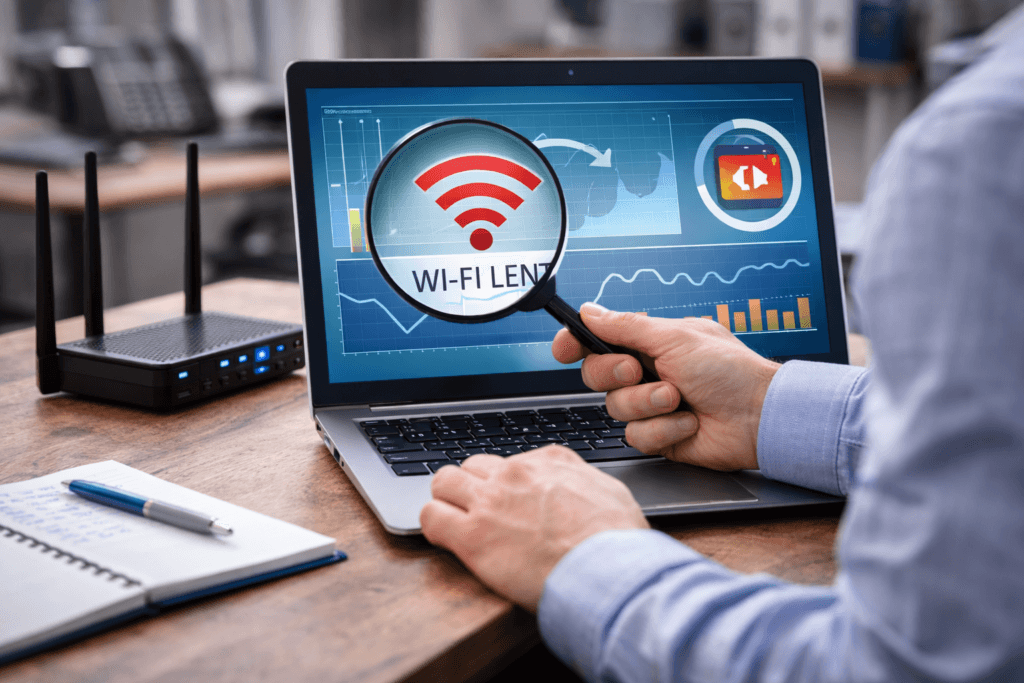 Analyse d’un réseau Wi-Fi lent en entreprise sur un poste de travail professionnel.